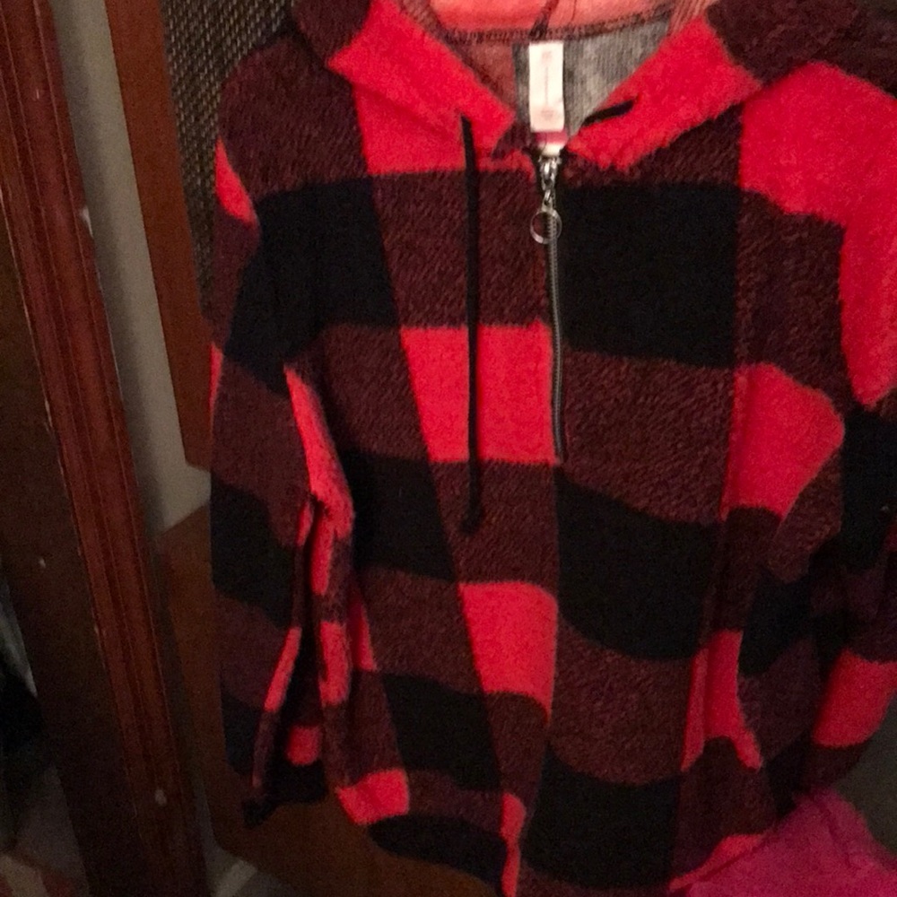 Ladies Cozy Plush Red & Black Buffalo Plaid Zip Hoodie